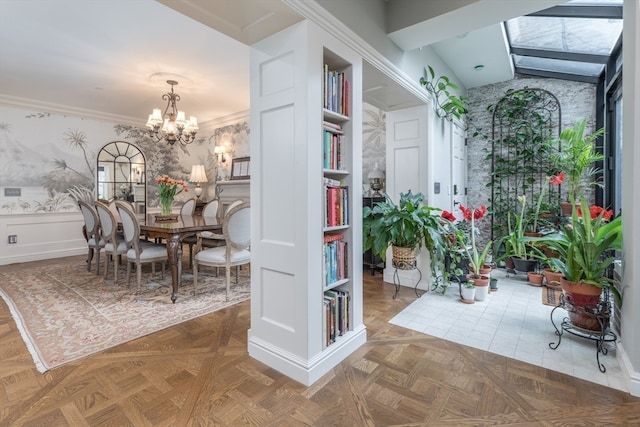 dining room with a skylight, parquet flooring, and a notable chandelier