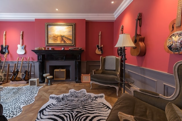 interior space with parquet floors and ornamental molding