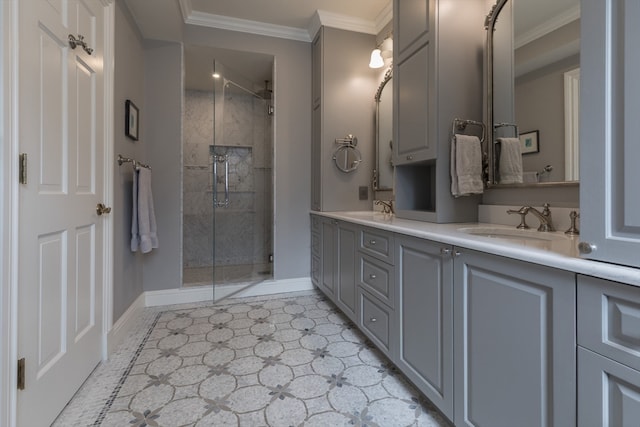 bathroom featuring tile floors, dual bowl vanity, ornamental molding, and walk in shower