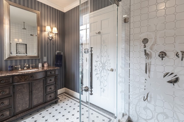 bathroom featuring vanity, tile floors, crown molding, and a shower with shower door