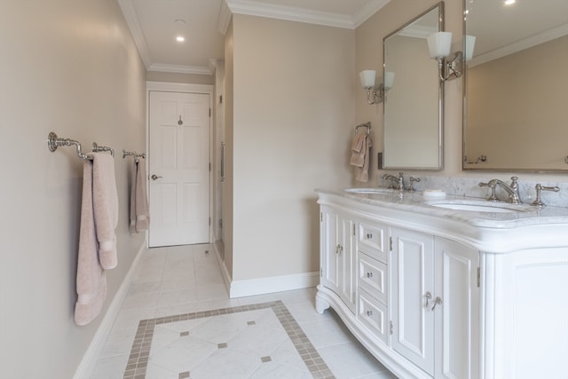 bathroom featuring tile flooring, double sink vanity, and crown molding