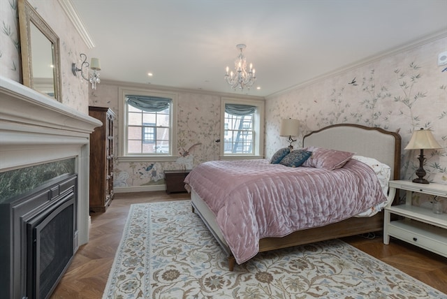 bedroom with dark parquet flooring, an inviting chandelier, and ornamental molding