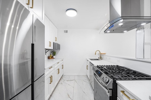 99 Pond Ave Unit 202, Brookline, MA 02445 - kitchen featuring appliances with stainless steel finishes, extractor fan, light marble finish flooring, and white cabinetry