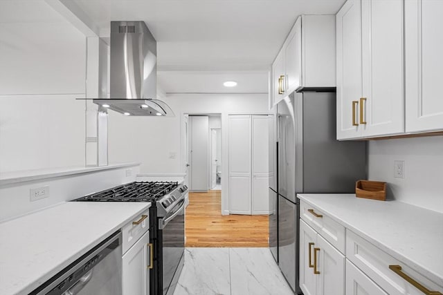 99 Pond Ave Unit 202, Brookline, MA 02445 - kitchen featuring island range hood, stainless steel appliances, white cabinetry, and recessed lighting