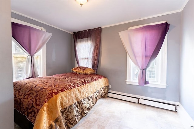 bedroom featuring ornamental molding and a baseboard heating unit