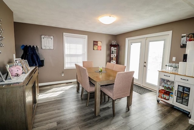 dining room featuring french doors, plenty of natural light, and dark wood-type flooring