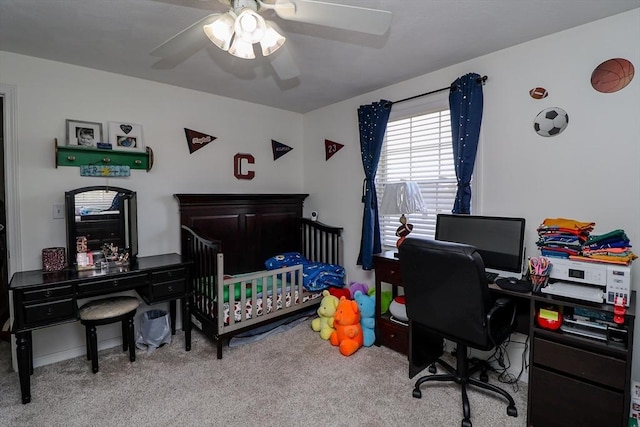 bedroom with ceiling fan and carpet