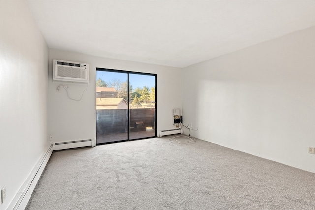 unfurnished room with carpet floors, baseboard heating, and a wall mounted AC