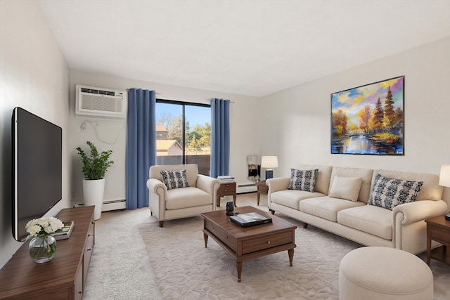 carpeted living room featuring a baseboard radiator and an AC wall unit