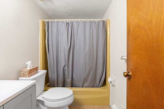 full bathroom with vanity, shower / bath combination with curtain, a textured ceiling, and toilet