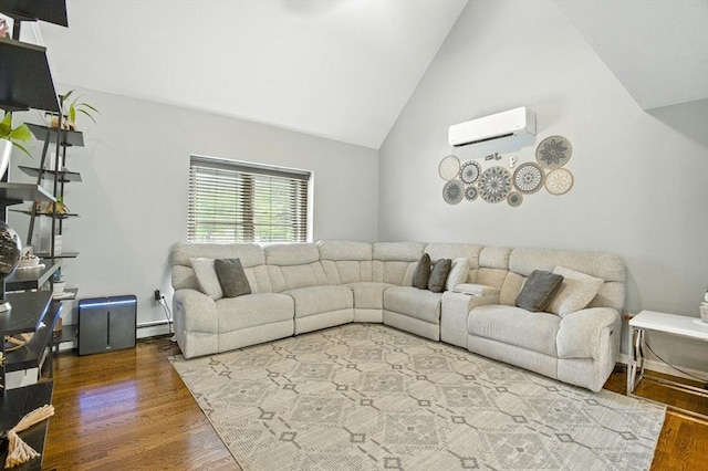 1 Cherry Tree Ln, Plainville, MA 02762 - living room with a wall mounted AC, a baseboard radiator, vaulted ceiling, and wood finished floors