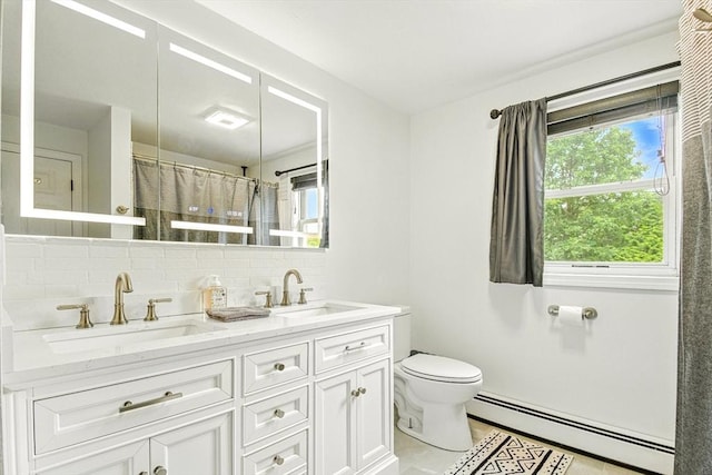 1 Cherry Tree Ln, Plainville, MA 02762 - bathroom featuring baseboard heating, double vanity, decorative backsplash, tile patterned floors, and a shower with curtain