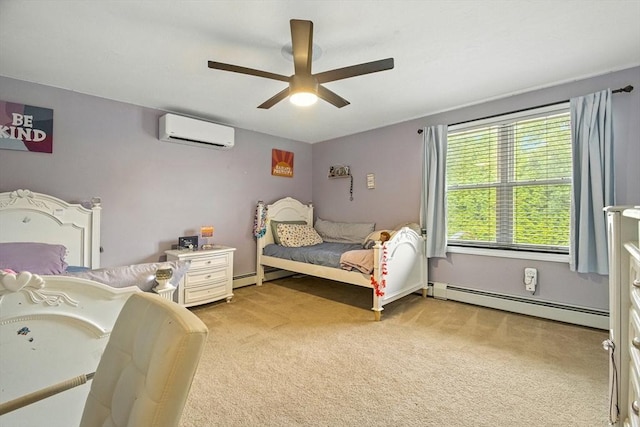 1 Cherry Tree Ln, Plainville, MA 02762 - bedroom featuring a baseboard heating unit, a wall unit AC, light carpet, and ceiling fan
