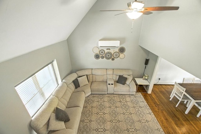 1 Cherry Tree Ln, Plainville, MA 02762 - living area with a wall mounted AC, ceiling fan, wood finished floors, and lofted ceiling