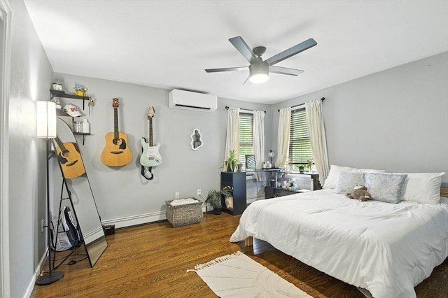 1 Cherry Tree Ln, Plainville, MA 02762 - bedroom with a wall mounted air conditioner, wood finished floors, a baseboard heating unit, a ceiling fan, and baseboard heating