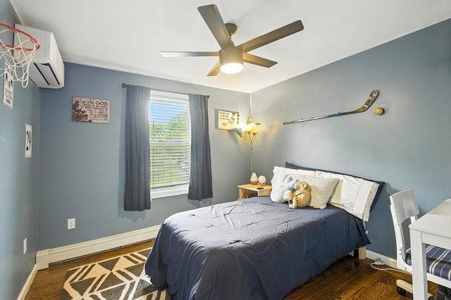 1 Cherry Tree Ln, Plainville, MA 02762 - bedroom with a wall unit AC, a baseboard heating unit, wood finished floors, and a ceiling fan
