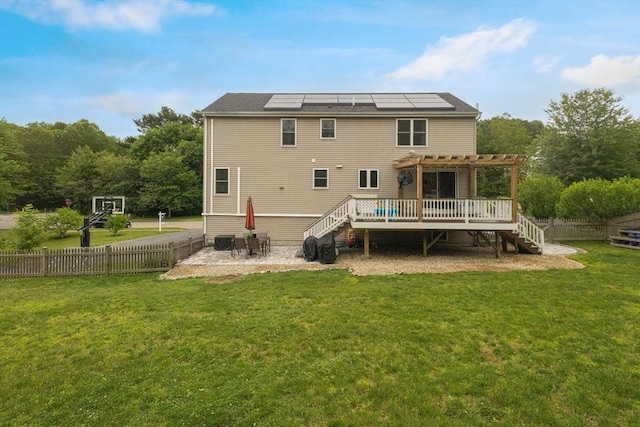1 Cherry Tree Ln, Plainville, MA 02762 - rear view of property featuring stairs, a pergola, a fenced backyard, a wooden deck, and a patio