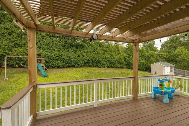 1 Cherry Tree Ln, Plainville, MA 02762 - wooden terrace with a storage shed, a pergola, and a lawn