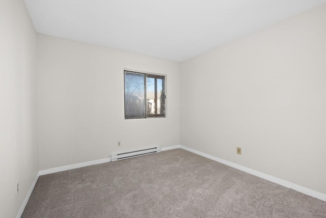 carpeted empty room with a baseboard radiator