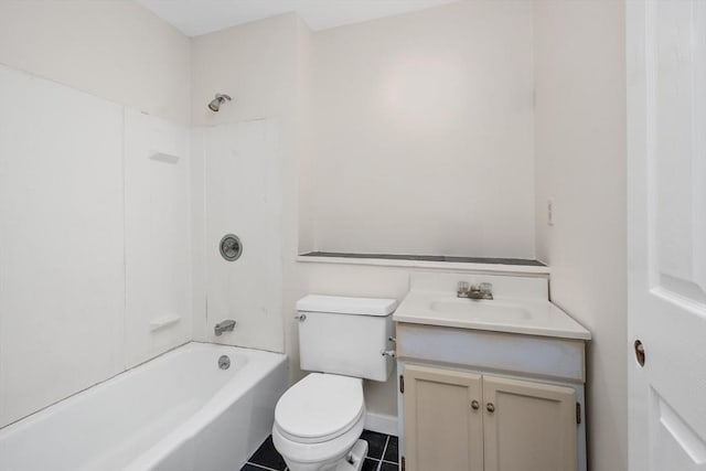 full bathroom featuring shower / tub combination, tile patterned flooring, vanity, and toilet