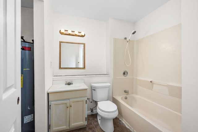 full bathroom with vanity, bathing tub / shower combination, toilet, and water heater