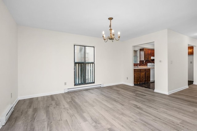 unfurnished dining area with a notable chandelier, light hardwood / wood-style floors, sink, and a baseboard heating unit