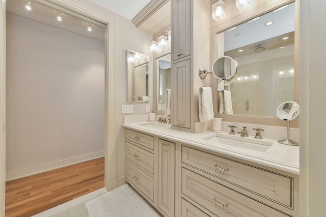 bathroom with vanity, hardwood / wood-style flooring, and a shower