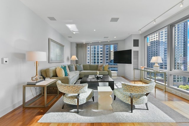 living room with a wealth of natural light, track lighting, and light hardwood / wood-style floors