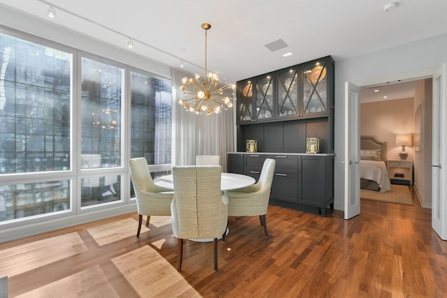 dining area with hardwood / wood-style flooring, a healthy amount of sunlight, an inviting chandelier, and rail lighting