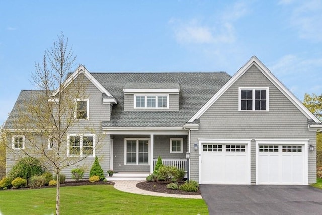 shingle-style home featuring a shingled roof, covered porch, driveway, and a front lawn