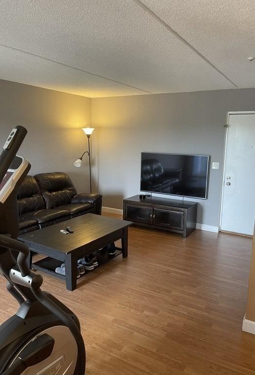 living room featuring a textured ceiling and hardwood / wood-style flooring