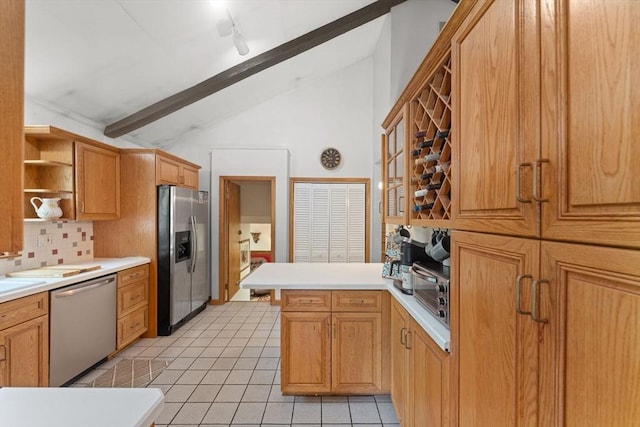 kitchen with a peninsula, stainless steel appliances, lofted ceiling with beams, open shelves, and light tile patterned floors