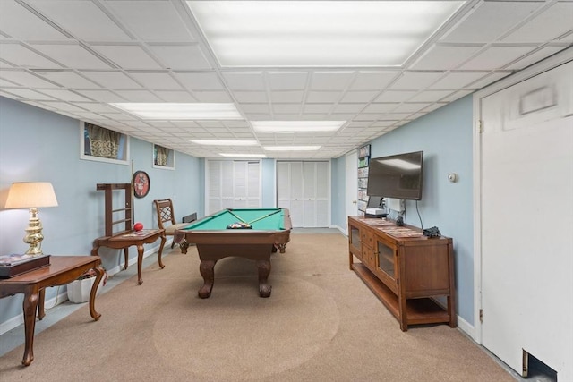 playroom with billiards, carpet floors, and baseboards