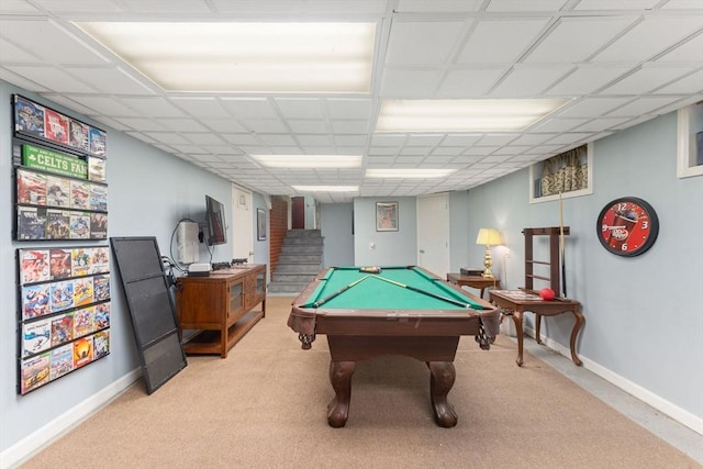 rec room with billiards, light carpet, and baseboards