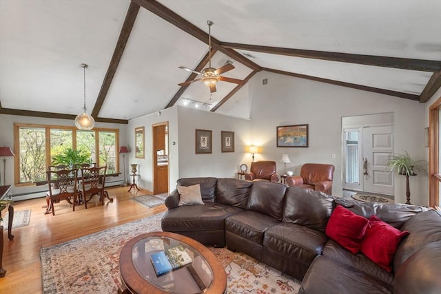 living area with light wood-style flooring, a ceiling fan, beamed ceiling, and high vaulted ceiling