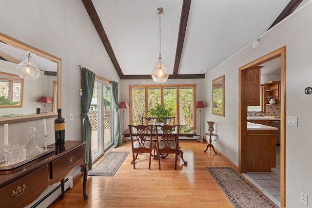 dining room featuring baseboards, light wood-type flooring, vaulted ceiling with beams, and a baseboard heating unit