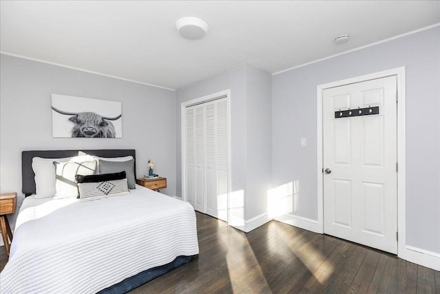 bedroom featuring dark hardwood / wood-style flooring and a closet