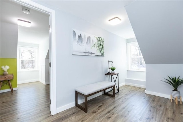 corridor featuring hardwood / wood-style flooring and lofted ceiling