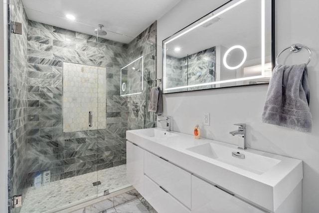 11 Cameron St Unit 1, Brookline, MA 02445 - full bath featuring double vanity, marble finish floors, recessed lighting, and a stall shower