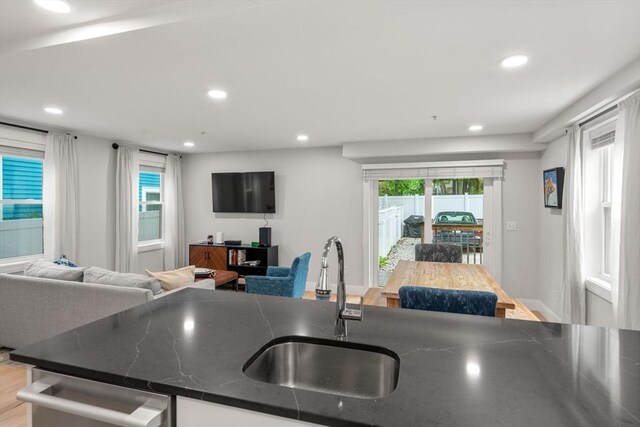 11 Cameron St Unit 1, Brookline, MA 02445 - kitchen featuring a sink, stainless steel dishwasher, recessed lighting, open floor plan, and wood finished floors