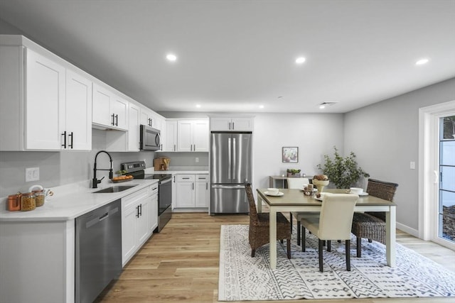 kitchen with white cabinetry, appliances with stainless steel finishes, sink, and light hardwood / wood-style flooring