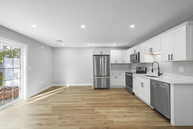 kitchen featuring appliances with stainless steel finishes, sink, white cabinets, and light wood-type flooring