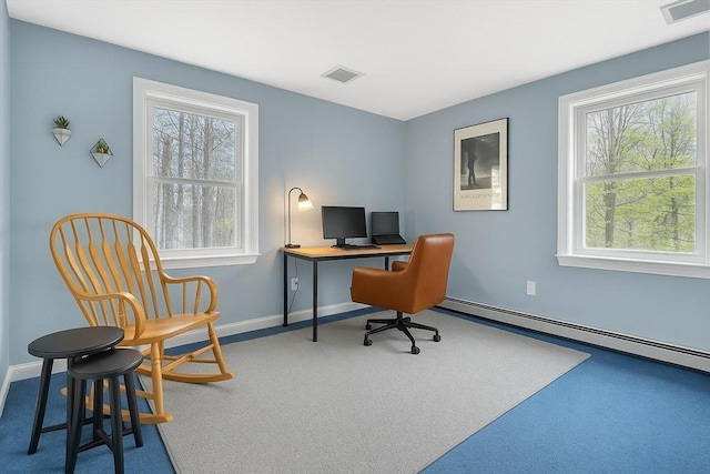 carpeted office space with plenty of natural light, a baseboard radiator, and visible vents