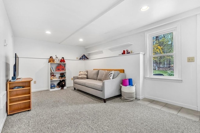 tiled living area with baseboards, carpet flooring, and recessed lighting