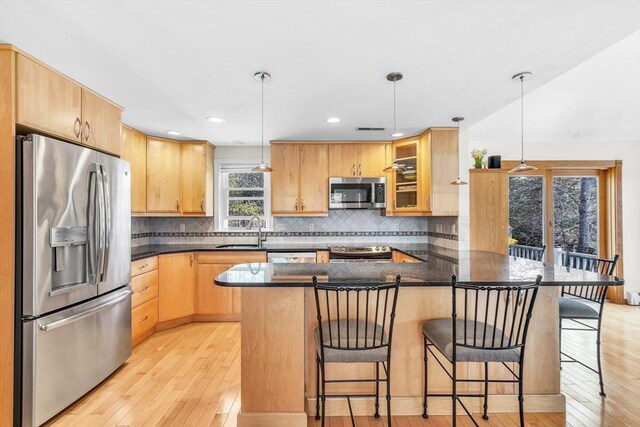 kitchen featuring light wood-style floors, a sink, a peninsula, and stainless steel appliances