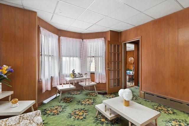 376 N Underwood St, Fall River, MA 02720 - living area with a baseboard heating unit, carpet, plenty of natural light, wood walls, and a paneled ceiling
