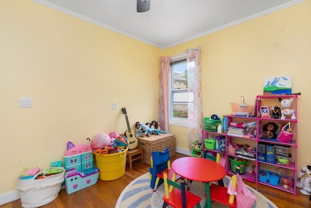 376 N Underwood St, Fall River, MA 02720 - game room featuring ornamental molding, wood finished floors, and ceiling fan