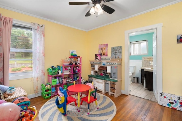 376 N Underwood St, Fall River, MA 02720 - recreation room with wood finished floors, crown molding, and ceiling fan