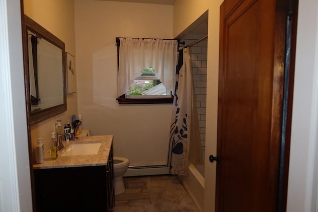 17 Lockwood Ave, Attleboro, MA 02703 - bathroom featuring a baseboard radiator, toilet, vanity, and shower / bathtub combination with curtain