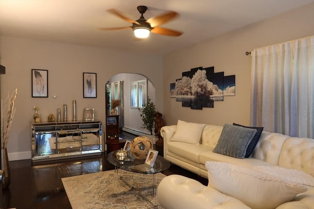 17 Lockwood Ave, Attleboro, MA 02703 - living area featuring arched walkways, a ceiling fan, wood finished floors, and baseboard heating